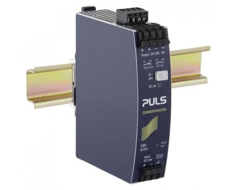 Puls CD5.241-S1 PULS CD5.241-S1 is a power supply unit designed for DIN rail mounting, featuring an aluminium housing. It operates within an ambient air temperature range of -25 to +70°C and has a net width of 32 mm. The unit consumes 5.5A current at a 24Vdc input to deliver a full 24Vdc output at 5A, with a peak inrush current of 1.6A. It boasts an efficiency of 0.902 under a 24Vdc, 5A input condition. The dimensions of this power supply unit are W32mm x H124mm x D102mm. It includes a 290ms start-up delay and a 520ms rise time under nominal input with a constant full current load. The CD5.241-S1 is equipped with protection functions including output overvoltage protection, low input voltage signalling via relay contact, and short-circuit current protection. It supports series or parallel operation for increased output power or 1+1 redundancy for higher system availability. The unit is resistant to back-feeding loads up to 30V and includes reverse polarity protection. Power dissipation/losses are 13.3 W under a 24Vdc input with a 24V output load at 5A. The output stage capacitance is 2200 µF, and the electrical durability ranges from 33,000 to 180,000 hours depending on the operating conditions. Ripple is maintained at 50mVpp. This PSU/DC-DC Converter offers a 20% power reserve and features ATEX approval, galvanic isolation, and a DC-OK relay contact output. Connection is facilitated through spring-clamp connections. The supply voltage ranges from 18Vdc to 32.4Vdc, with a rated current of 6A at 24Vdc in temperatures up to 45°C, and a rated power of 144W in ambient temperatures less than 45°C. The output voltage is adjustable between 23-28Vdc, with a 500mV turn-ON overshoot, and a hold time of 6ms at 24Vdc input.