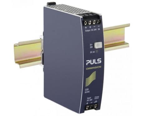 Puls CD5.241 PULS CD5.241 is a power supply unit designed for DIN rail mounting, featuring an aluminium housing and dimensions of W32mm x H124mm x D102mm. It operates within an ambient air temperature range of -25 to +70°C and has a net width of 32 mm. The unit consumes 5.5A current at a 24Vdc input to deliver a full 24Vdc output at 5A, with a peak inrush current of 1.6A. It boasts an efficiency of 0.903 at 24Vdc with a 5A input. The CD5.241 includes a 650ms start-up delay and an 800ms rise time under nominal input with a constant full current load and 0mF load capacitance. It offers protection functions such as output overvoltage protection, short-circuit protection with a minimum of 7A and a maximum of 10A continuous current, and allows for series or parallel operation for increased output power or 1+1 redundancy. The unit is capable of handling back-feeding loads up to 30V without malfunctioning, whether powered on or off, and includes reverse polarity protection. Power dissipation/losses are 12.9W under a 24Vdc input with a 24V output load at 5A, and 6.2W at 2.5A. The output stage capacitance is 2200 µF, and the electrical durability ranges from 37,000 to 185,000 hours depending on the operating conditions. It features a ripple of 50mVpp across 20Hz to 20MHz at 50Ω. This PSU/DC/DC-Converter offers a 20% power reserve, is part of the CD-series, and includes ATEX approval for galvanic isolation. Connection is facilitated via screw-clamp connections, with a supply voltage range of 18Vdc-32.4Vdc (24Vdc nominal) and 14.4-18Vdc for up to 60s. The rated current is 6A at 24Vdc from -25 to +45°C and 5A at +45 to +60°C, with a derating to 3W from +60 to +70°C. The rated power is 144W at ambient temperatures below 45°C and 120W below 60°C. The output voltage is adjustable between 23-28Vdc, with a 500mV turn-ON overshoot, and a hold time of 6ms at 24Vdc input.