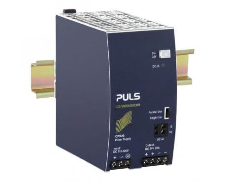 Puls CPS20.241-D1 PULS CPS20.241-D1 is a power supply unit designed for DIN rail mounting, featuring an aluminium housing with dimensions of W65mm x H124mm x D127mm. It operates within an ambient air temperature range of -25 to +70°C and offers a net width of 65 mm. The unit has a current consumption of 1.69A with a 300Vdc input for a full 24Vdc output, 4.68A with a 110Vdc input for a full 24Vdc output, and can handle peak inrush currents of up to 10A at 300Vdc input and 13A at 110Vdc input. It boasts an efficiency of 0.946 at 300Vdc input and 0.931 at 100Vdc input, with a degree of protection rated at IP20. The CPS20.241-D1 features a time delay of 850ms for start-up and a rise time of 85ms under nominal input with a constant full current load without load capacitance, and 150ms with 20mF load capacitance. It includes protection functions such as output overvoltage protection and overload/short-circuit protection, with the capability for series or parallel operation to increase output power. The unit's power dissipation/losses are 27.4 W, and it has an output stage capacitance of 7000 µF. Its electrical durability varies based on conditions, with up to 549000 hours at 25°C and 10A output with a 1AC 300Vdc input. The ripple is specified at 50mVpp (20Hz...20MHz; 50Ω). This power supply unit also features a 20% power reserve, ATEX approval for galvanic isolation, and screw-clamp connections for installation. It supports a supply voltage range of 88Vdc-360Vdc and an AC supply voltage with specific turn-ON and shutdown parameters. The rated current is 20A at 24Vdc with a power derating above 60°C to 70°C, and it offers a rated power of 576W under PowerBoost at ambient temperatures below 45°C, and 480W below 60°C. The output voltage is adjustable between 24Vdc and 28Vdc, with a 200mV turn-ON overshoot, and it provides a hold time of 26ms at both 110/300Vdc input.