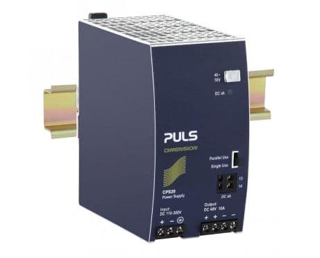 Puls CPS20.481-D1 PULS CPS20.481-D1 is a power supply unit designed for DIN rail mounting, featuring an aluminium housing. It operates within an ambient air temperature range of -25 to +70°C. The unit has a net width of 65 mm and dimensions of W65mm x H124mm x D127mm. It consumes 1.69A at 300Vdc input for full 48Vdc output and 4.68A at 110Vdc input for full 48Vdc output, with a peak inrush current of 10A at 300Vdc input and 13A at 110Vdc input. The CPS20.481-D1 offers an efficiency of 0.946 at 300Vdc input and 0.931 at 100Vdc input. It has an IP20 degree of protection and features output overvoltage protection, overload/short-circuit protection, and is capable of series/parallel operation for increased output power. The unit's power dissipation/losses are 27.4 W, and it has an output stage capacitance of 2450 µF. Its electrical durability ranges from 58,000 to 506,000 hours under various conditions. The ripple is 50mVpp (20Hz...20MHz; 50Ω). This power supply unit supports a supply voltage range of 88Vdc-360Vdc and an AC supply voltage with 85Vac turn-ON voltage. It provides a rated current of 10A at 48Vdc and a rated power of 576W with PowerBoost at ambient temperatures less than 45°C, and 480W at less than 60°C. The output voltage is adjustable between 48Vdc-56Vdc, with a 200mV turn-ON overshoot, and it offers a hold time of 26ms at 110/300Vdc input. Connection is facilitated through screw-clamp connections.