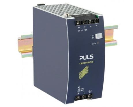 Puls CS10.241-S1 PULS CS10.241-S1 is a DIN rail mounting power supply unit with an aluminium housing designed for a wide range of industrial applications. It operates within an ambient air temperature range of -25 to +70°C and supports various current consumptions based on input voltage: 2.23A at 230Vac, 3.73A at 120Vac, and 4.34A at 100Vac, all for full 24Vdc output, with a peak inrush current of 10A across all input voltages. The unit boasts an efficiency of up to 0.916 at 230Vac input. Its dimensions are 60mm in width, 124mm in height, and 117mm in depth. The CS10.241-S1 features a start-up delay of 850ms and rise times of 35ms to 75ms depending on load capacitance. It includes protection functions such as output overvoltage protection and an active input inrush current limiter, alongside capabilities for series or parallel operation for redundancy. The power dissipation at full output load is 22W for 230Vac input and 23.7W for 120Vac input. The output stage capacitance is 7000µF, and electrical durability ranges from 34,000 to 334,000 hours depending on operating conditions. The ripple is maintained at 50mVpp. This AC/DC power supply unit, part of the C-Line series, is designed with a 20% power reserve and features a DC-OK relay contact output and spring-clamp connections. It accepts a supply voltage of 85Vac-132Vac / 184Vac-264Vac with auto-selection and has a rated current of up to 12A at 24Vdc in environments below 45°C. The output voltage is adjustable between 24Vdc and 28Vdc, with minimal turn-on overshoot, and the hold time is 47ms at 230Vac input.