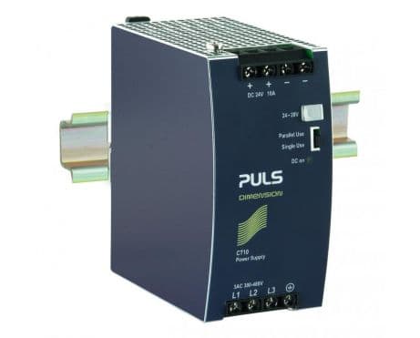 Puls CT10.241 PULS CT10.241 is a DIN rail mounting power supply unit with an aluminium housing. It operates within an ambient air temperature range of -25 to +70°C and has a net width of 62 mm. The unit consumes 0.6A with a 3 x 480Vac input and 0.7A with a 3 x 400Vac input for full 24Vdc output, featuring a peak inrush current of 10A for both input conditions. It boasts an efficiency of 0.929 for 3x480Vac input and 0.928 for 3x400Vac input. The dimensions are W62mm x H124mm x D117mm. It includes a 90ms start-up delay and a rise time of 40ms under nominal input with a constant full current load and 0mF load capacitance, extending to 85ms with 10mF load capacitance. The power supply unit is equipped with protection functions including output overvoltage protection and an active input inrush current limiter, supporting overload/short-circuit conditions with a continuous current of max. 23A. It allows for series/parallel operation to increase output power, with a back-feeding load resistance up to 35V. Power dissipation/losses are 18.3 W for 3x480Vac input and 18.6 W for 3x400Vac input, with an output stage capacitance of 6500 µF. Electrical durability ranges from 36,000 to 410,000 hours across various conditions. The ripple is 50mVpp (20Hz...20MHz; 50Ω). This AC/DC power supply unit, part of the CT-series, is designed with a 20% power reserve and includes a DC-OK relay contact output. It features screw-clamp connections and supports a supply voltage of 323Vac-576Vac (wide range; 3-phase input) with a rated current of 12A at 24Vdc (-25...+45°C) and 7.5A at 24Vdc (-25...+70°C). The output voltage is adjustable between 24Vdc and 28Vdc, with a hold time of 54ms at 3x480Vac input and 34ms at 3x400Vac input.