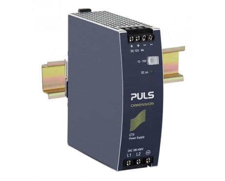 Puls CT5.121 PULS CT5.121 is a power supply unit designed for DIN rail mounting with an aluminium housing. It operates within an ambient air temperature range of -25 to +70°C and has a net width of 40mm. The unit consumes 0.56A with a 480Vac input and 0.64A with a 400Vac input for a full 12Vdc output, with a peak inrush current of 10A for both input voltages. It features an efficiency of 0.858 at 480Vac input and 0.854 at 400Vac input. The dimensions are W40mm x H124mm x D117mm. It includes a 75ms start-up delay and a rise time of 50ms under nominal input with a constant full current load and 0mF load capacitance, extending to 85ms with 8mF load capacitance. The unit is equipped with protection functions including output overvoltage protection and an active input inrush current limiter, supporting overload/short-circuit conditions with a continuous current of max. 15A. It allows for series/parallel operation to increase output power, with a back-feeding load resistance up to 25V. Power dissipation losses are 15.9W and 16.4W for 480Vac and 400Vac inputs, respectively, under full output load. The output stage capacitance is 5200µF. Electrical durability ranges from 51,000 to 430,000 hours, depending on operating conditions. Ripple is maintained at 100mVpp across a 20Hz to 20MHz range. This AC/DC power supply unit, part of the CT-series, features a DC-OK relay contact output and screw-clamp connections. It supports a wide supply voltage range of 323Vac to 576Vac, with various shutdown voltages based on load conditions. The rated current is 8A at 12Vdc within a -25 to +60°C range, adjusting with temperature and output voltage. The rated power is 96W, with an adjustable output voltage of 12Vdc to 15Vdc and minimal turn-on overshoot. Hold time is specified at 63ms and 43ms for 480Vac and 400Vac inputs, respectively.