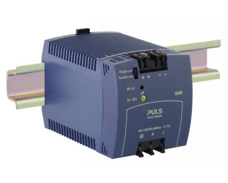 Puls ML100.100 PULS ML100.100 is a power supply unit designed for AC/DC conversion with DIN rail mounting capabilities. It operates within an ambient air temperature range of -10 to +70°C and delivers a rated current of 4.2A at 24Vdc. This unit features spring-clamp connections for secure and efficient connectivity. It supports a wide range of supply voltages from 85Vac to 132Vac and 184Vac to 264Vac for AC (auto-select based on input) and 213Vdc to 348Vdc for DC, accommodating various network requirements. The ML100.100 is housed in a PC/ABS blend, ensuring durability within its compact dimensions of W73mm x H75mm x D103mm. It is designed for use in single-phase (1AC) or DC networks, with a net width of 73 mm. The unit's rated power is 100W, and it provides an adjustable output voltage range of 24Vdc to 28Vdc. It incorporates an NTC for input inrush current limiting, boasts an efficiency of 0.9 with a 230Vac input, and has a maximum inrush current consumption of 22A at 120Vac input and 37A peak at 230Vac input. Power dissipation/losses are calculated at 11.4 W, with a ripple of 50mVpp across a frequency range of 20Hz to 20MHz at 50Ω.