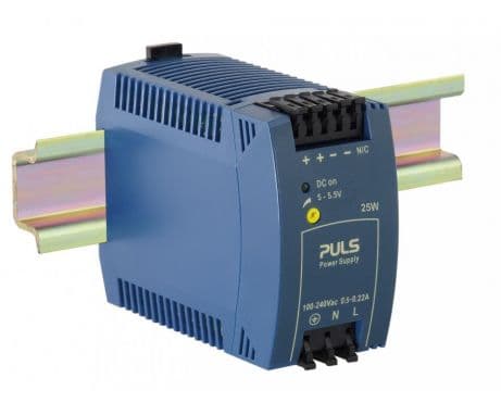 Puls ML30.101 PULS ML30.101 is a power supply unit designed for AC/DC conversion with DIN rail mounting. It operates within an ambient air temperature range of -10 to +70°C and adheres to NEC Class 2 design specifications. This unit offers a rated current of 5A at 5Vdc and features spring-clamp connections for secure attachment. It supports a wide supply voltage range from 85Vac to 264Vac across various nominal values (100Vac/110Vac/120Vac/200Vac/208Vac/220Vac/230Vac/240Vac; 47-63Hz) with a turn-ON voltage of 46Vac and a shutdown voltage of 44Vac. Additionally, it can operate with DC supply voltages between 88Vdc and 375Vdc, covering several nominal values (100Vdc/110Vdc/120Vdc/127Vdc/200Vdc/220Vdc/250Vdc). The ML30.101 is housed in a PC/ABS blend, measuring 45mm in width, 75mm in height, and 91mm in depth. It is compatible with single-phase (1AC) or DC networks, has a rated power of 25W, and provides an adjustable output voltage range of 5Vdc to 5.5Vdc with a 250mV turn-ON overshoot. Protection is ensured through an NTC (input inrush current limiter), and the unit exhibits an efficiency of 0.8 at 230Vac input. It has a maximum inrush current consumption of 17A at 120Vac input and 35A peak at 230Vac input, with power dissipation/losses of 6.3W and a ripple of 50mVpp across 20Hz to 20MHz at 50Ω.