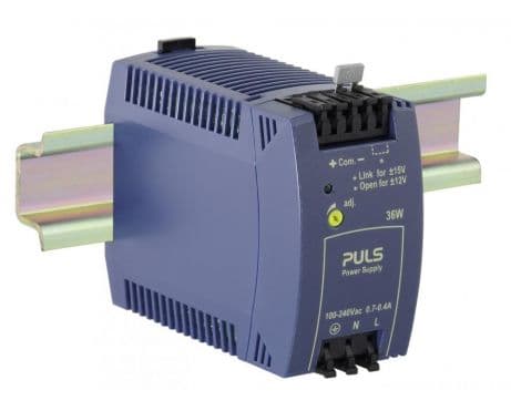 Puls ML30.106 PULS ML30.106 is a dual output voltage single-phase power supply unit (PSU) and AC/DC-Converter designed for DIN rail mounting. It operates within an ambient air temperature range of -10 to +70°C and is classified as NEC Class 2. This unit provides a rated current of 2.5A at 12Vdc with spring-clamp connections for ease of installation. It supports a wide supply voltage range from 85Vac to 264Vac (with nominal values including 100Vac, 110Vac, 120Vac, 200Vac, 208Vac, 220Vac, 230Vac, and 240Vac at 47-63Hz), featuring a 46Vac turn-ON voltage and a 44Vac shutdown voltage. Additionally, it can be powered by DC voltages ranging from 88Vdc to 375Vdc, with nominal values such as 100Vdc, 110Vdc, 120Vdc, 127Vdc, 200Vdc, 220Vdc, and 250Vdc. The ML30.106 has dimensions of W45mm x H75mm x D91mm and is housed in a PC/ABS blend. It is suitable for single-phase (1AC) or DC networks, has a net width of 45 mm, and offers a rated power of 36W. The output voltage is symmetrical +/-12Vdc to +/-15Vdc, adjustable with a 250mV turn-ON overshoot. It features protection functions including NTC for input inrush current limiting, achieves an efficiency of 0.86 with a 230Vac input, and has a current consumption of 17A max. inrush at 120Vac input and 35A peak max. inrush at 230Vac input. Power dissipation/losses are rated at 5.9 W, and it has a ripple of 50mVpp across 20Hz to 20MHz at 50Ω.