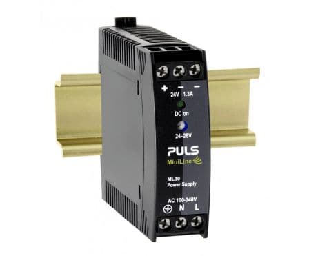 Puls ML30.241 PULS ML30.241 is a power supply unit designed for AC/DC conversion with DIN rail mounting capabilities. It operates within an ambient air temperature range of -10 to +70°C and adheres to NEC Class 2 design specifications. This unit provides a rated current of 1.3A at 24Vdc and features screw-clamp connections for secure installation. It supports a wide supply voltage range from 85Vac to 264Vac across various nominal values and frequencies, with specific turn-ON and shutdown voltages at 46Vac and 44Vac, respectively. Additionally, it can accept DC supply voltages between 88Vdc and 375Vdc. The ML30.241 is housed in a PC/ABS blend material and is suitable for single-phase (1AC) or DC networks. It measures 23mm in width, 75mm in height, and 91mm in depth. The unit's rated power is 30W, and it offers an adjustable output voltage range from 24Vdc to 28Vdc. It incorporates an NTC for input inrush current limiting, achieves an efficiency of up to 0.894 depending on the input voltage, and has a maximum inrush current consumption of 35A at 230Vac input. The power supply features a 90ms start-up delay, with rise times varying based on input conditions and load capacitance. Power dissipation is noted at 3.7W, and it boasts an electrical durability of at least 174,000 hours at +40°C. The ripple is maintained at 50mVpp across a 20Hz to 20MHz range, and the output stage capacitance is 900µF.