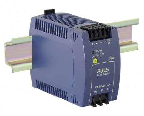 Puls ML50.109 PULS ML50.109 is a power supply unit designed for AC/DC conversion and is suitable for DIN rail mounting. It operates within an ambient air temperature range of -10 to +70°C and features a NEC Class 2 conformal coating with a DC-OK relay contact output. The unit provides a rated current of 2.1A at 24Vdc and utilizes spring-clamp connections for connectivity. It supports a wide supply voltage range from 85Vac to 264Vac for AC (with specific nominal values and a 65Vac turn-ON voltage and 55Vac shutdown voltage) and from 82Vdc to 380Vdc for DC, accommodating various network configurations including single-phase (1AC) or DC. The ML50.109 measures 45mm in width, 75mm in height, and 91mm in depth, and is housed in a PC/ABS blend material. It delivers a rated power of 50W with an adjustable output voltage range of 24Vdc to 28Vdc. The unit is designed with protection functions including an NTC for input inrush current limiting and boasts an efficiency of up to 0.89 depending on the input voltage. It has a maximum current consumption of 17A at 120Vac input and 35A peak at 230Vac input, with a power dissipation/loss of 6.2W. The electrical durability of the ML50.109 is rated at a minimum of 54,000 hours at +40°C, and it features a ripple of 50mVpp across a frequency range of 20Hz to 20MHz. The output stage capacitance is 1600µF, ensuring stable operation across its service life.