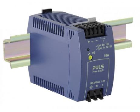 Puls ML50.102 PULS ML50.102 is a power supply unit (PSU) / converter designed for AC/DC applications with DIN rail mounting. It operates within an ambient air temperature range of -10 to +70°C and adheres to NEC Class 2 design specifications. This unit provides a rated current of 4.2A at 12Vdc and features spring-clamp connections for secure installation. It supports a wide supply voltage range from 85Vac to 264Vac (with specific nominal values across 100Vac to 240Vac at 47-63Hz, including a 65Vac turn-ON voltage and a 55Vac shutdown voltage) and from 88Vdc to 375Vdc (with nominal values from 100Vdc to 250Vdc). The ML50.102 is housed in a PC / ABS blend, measures 45mm in width, 75mm in height, and 91mm in depth, and is suitable for single-phase (1AC) or DC networks. It offers a rated power of 50W and an adjustable output voltage range from 12Vdc to 15Vdc, with a 400mV turn-ON overshoot. Protection is provided by an NTC (input inrush current limiter), and the unit boasts an efficiency of 0.9 at 230Vac input. Maximum current consumption is 17A at 120Vac input and 35A peak at 230Vac input, with a 32ms start-up delay and 48ms rise time under nominal conditions. Power dissipation/losses are rated at 6W, and the output stage features a ripple of 100mVpp across 20Hz to 20MHz at 50Ω, with a capacitance of 1600μF.