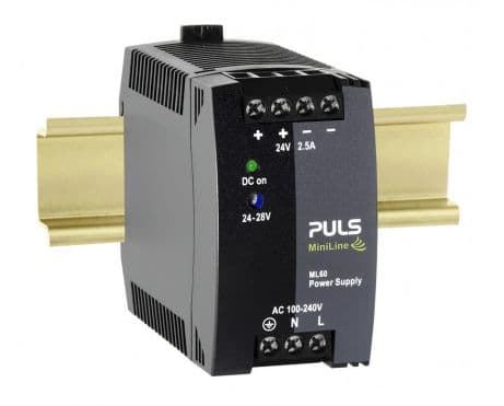 Puls ML60.241 PULS ML60.241 is a power supply unit designed for AC/DC conversion with DIN rail mounting. It operates within an ambient air temperature range of -10 to +70°C and is designed according to NEC Class 2 standards. This unit provides a rated current of 2.5A at 24Vdc and features screw-clamp connections for secure installation. It supports a wide supply voltage range from 85Vac to 264Vac (with specific nominal values across 100Vac to 240Vac at 47-63Hz, including a 75Vac turn-ON voltage and a 65Vac shutdown voltage) and 88Vdc to 375Vdc for DC supply, accommodating single-phase (1AC) or DC networks. The ML60.241 measures 45mm in width, 75mm in height, and 91mm in depth, housed in a PC/ABS blend for durability. It delivers a rated power of 60W with an adjustable output voltage range of 24Vdc to 28Vdc, featuring a 200mV turn-ON overshoot. Protection is provided by an NTC for input inrush current limiting. Efficiency rates vary by input voltage, achieving 0.897 at 230Vac, 0.878 at 120Vac, and 0.865 at 100Vac. It has a maximum inrush current consumption of 16A at 120Vac input and 32A peak at 230Vac input. The unit exhibits a 170ms start-up delay, with rise times of 50-60ms under nominal input and constant full current load without load capacitance, and 110-140ms with 2.5mF load capacitance. Power dissipation is noted at 6.9W, and it has an electrical durability of at least 128,000 hours at +40°C. Ripple is maintained at 50mVpp across 20Hz to 20MHz at 50Ω, with an output stage capacitance of 1600µF.