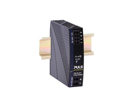 Puls PIM36.241 PULS PIM36.241 is a power supply unit designed for DIN rail mounting, featuring AC/DC conversion capabilities. It operates within an ambient air temperature range of -10 to +60°C with linear derating up to +70°C. The unit is equipped with a NEC Class 2 DC-OK relay contact output and provides a rated current of 5A at 12Vdc within the -10 to +60°C range and 3.8A at 12Vdc at +70°C. Connection is facilitated through push-in spring connections. The supply voltage (AC) spans from 90Vac to 264Vac for nominal inputs like 100Vac, 110Vac, 120Vac, 200Vac, 208Vac, 220Vac, 230Vac, and 240Vac at a frequency of 47-63Hz, with an input overvoltage tolerance of 264-300Vac for up to 500ms, a turn-ON voltage of 75Vac, and a shutdown voltage of 54Vac. This part of the PIM-series measures W36mm x H90mm x D91mm, has an IP20 degree of protection, and is housed in polycarbonate (PC). It supports a single-phase (1AC) network, has a net width of 36mm, and offers a rated power of 60W at -10 to +60°C, which derates linearly to 45.6W at +70°C. The output voltage (DC) is adjustable between 12Vdc and 15Vdc, with protection functions including output overvoltage protection and overload/short-circuit protection. Efficiency rates are 0.907 at 230Vac input and 0.902 at 120Vac input. Current consumption is 0.6A at 230Vac input (full output), 1A at 120Vac input (full output), and 1.15A at 100Vac input (full output), with a peak inrush of 44A at 230Vac input and 18A at 120Vac input. The unit has a start-up delay of 50-60ms, a rise time of 18ms max at nominal input with full constant current load and 0mF load capacitance, and a hold time of 107ms at 230Vac input. Power dissipation/losses are 6.2W at 230Vac input and 6.5W at 120Vac input under full output load. Electrical durability is noted at various conditions, with the highest being 724000 hours at 25°C, 2.5A, 1AC 230Vac input. Ripple is specified at 100mVpp (20Hz...20MHz; 50Ω), and the output stage capacitance is 2200µF.