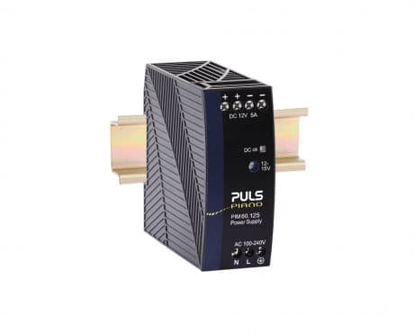 Puls PIM60.125 PULS PIM60.125 is a power supply unit that functions as an AC/DC PSU/converter with DIN rail mounting. It operates within an ambient air temperature range of -10 to +60°C with linear derating up to +70°C. This unit features a NEC Class 2 DC-OK relay contact output and provides a rated current of 2.5A at 24Vdc within -10 to +60°C and 1.9A at 24Vdc at +70°C. It offers push-in spring connections for ease of installation. The supply voltage (AC) ranges from 90Vac to 264Vac across various nominal voltages and frequencies, with specific input overvoltage and shutdown voltage parameters. The PIM-series unit measures W36mm x H90mm x D91mm, has an IP20 degree of protection, and is housed in a polycarbonate (PC) material. Designed for single-phase (1AC) networks, it has a net width of 36 mm and delivers a rated power of 60W at -10 to +60°C, which derates linearly to 45.6W at +70°C. The output voltage (DC) is adjustable between 24Vdc and 28Vdc, with specific protection functions against overvoltage and overload/short-circuit conditions. It does not support series or parallel operation and is resistant to back-feeding loads. The efficiency rates are 0.918 and 0.907 for 230Vac and 120Vac inputs, respectively. Current consumption varies with input voltage, and the unit exhibits specific start-up delay, rise time, and hold time characteristics. Power dissipation/losses are detailed for different input conditions, and the electrical durability is specified across various operational conditions. The ripple is noted at 100mVpp, and the output stage capacitance is 900 µF.