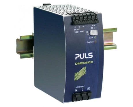 Puls QS10.301 PULS QS10.301 is a power supply unit designed for DIN rail mounting, featuring AC/DC conversion capabilities with a 50% power reserve. It operates within an ambient air temperature range of -25 to +70°C and offers a design that includes a DC-OK relay contact output. The unit provides a rated current of 8.6A at 28Vdc, 8A at 30Vdc, and 7.5A at 32Vdc, with spring-clamp connections for secure attachment. It supports a supply voltage range of 85Vac-264Vac for AC and 88Vdc-188Vdc for DC, accommodating various network types including single-phase (1AC) or DC. The QS10.301 is housed in an aluminium casing, measuring 60mm in width, 124mm in height, and 117mm in depth. It delivers an adjustable output voltage of 28Vdc-32Vdc, with a rated power of 240W and a short-term capacity of 360W for up to 4 seconds. Protection features include output overvoltage protection and active input inrush current limiting, with overload and short-circuit protection ensuring operational stability. The unit is designed for series or parallel operation to increase output power, with a high efficiency of up to 0.935 depending on the input voltage. It exhibits a peak current consumption of 10A, a start-up delay of 340-800ms, and a hold time of 23ms at 230Vac input. Power dissipation is noted at 16.7W for 230Vac input under full load. The QS10.301 demonstrates electrical durability with operational lifespans ranging up to 200,000 hours under specific conditions, and features a ripple of 50mVpp across a wide frequency range, with an output stage capacitance of 7000µF.