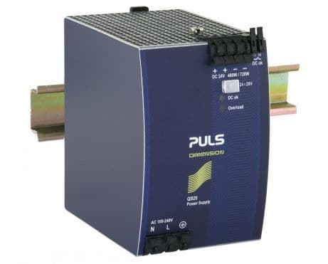 Puls QS20.241 PULS QS20.241 is a power supply unit designed for DIN rail mounting, featuring AC/DC conversion with a 50% power reserve. It operates within an ambient air temperature range of -25 to +70°C and offers a design that includes a DC-OK relay contact output. The unit provides a rated current of 20A at 24Vdc and 17A at 28Vdc, utilizing spring-clamp connections for connectivity. It supports a supply voltage range of 85Vac-264Vac for AC and 88Vdc-188Vdc for DC, with specific nominal values listed for both. The QS20.241, part of the Q-series, measures 82mm in width, 124mm in height, and 127mm in depth, and is housed in an aluminium casing. It is compatible with single-phase (1AC) or DC networks, offers a rated power of 480W with a short-term capacity of 720W for up to 4 seconds, and provides an adjustable DC output voltage of 24Vdc-28Vdc. Protection features include output overvoltage protection and active input inrush current limiting, with overload and short-circuit protection. The unit allows for series or parallel operation for increased output power and is designed to handle back-feeding loads without malfunctioning. Efficiency rates vary with input voltage, and the unit exhibits specific current consumption, time delay, hold time, power dissipation/losses, electrical durability, ripple, and capacitance characteristics as detailed in the specifications.