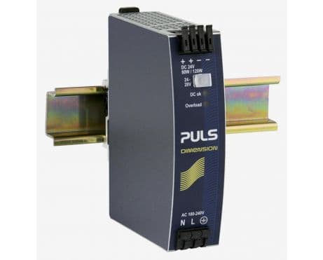 Puls QS3.241 PULS QS3.241 is a power supply unit designed for DIN rail mounting, featuring AC/DC conversion with a 50% power reserve. It operates within an ambient air temperature range of -25 to +70°C and offers a design that includes a DC-OK relay contact output. The unit provides a rated current of 3.4A at 24Vdc and 3A at 28Vdc, with spring-clamp connections for ease of installation. It supports a supply voltage range of 85Vac-264Vac for AC and 88Vdc-375Vdc for DC, accommodating various network configurations including single-phase (1AC) or DC. The QS3.241, part of the Q-series, measures 32mm in width, 124mm in height, and 102mm in depth, housed in an aluminium casing. It delivers a rated power of 80W at 24V, 84W at 28V, and can handle up to 120W short-term for 4 seconds. The output voltage is adjustable between 24Vdc and 28Vdc, with comprehensive protection functions against overvoltage, overload, and short-circuit conditions. Efficiency rates vary by input voltage, achieving up to 0.9 at 230Vac. The unit exhibits a start-up delay of 330-360ms, with a hold time of 174ms at 230Vac input. Power dissipation is noted at 9.1W for 230Vac input under full load. Electrical durability spans up to 224000 hours, depending on conditions, and the output stage capacitance is 1500µF, with a ripple of 50mVpp across a 20Hz to 20MHz range.