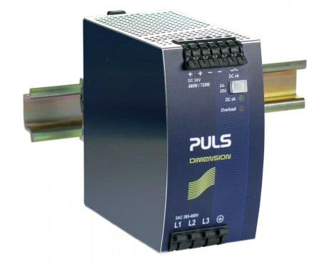 Puls QT20.241 PULS QT20.241 is a power supply unit designed for DIN rail mounting, featuring AC/DC conversion with a 50% power reserve. It operates within an ambient air temperature range of -25 to +70°C and offers a design that includes a DC-OK relay contact output. The rated current is 20A at 24Vdc and 17.5A at 28Vdc, with a power derating from 12W at +60°C to +70°C. Connection is facilitated through spring-clamp connections. The supply voltage accommodates a wide range with 3-phase input from 323Vac to 576Vac, including nominal voltages of 380Vac, 400Vac, 415Vac, 440Vac, 480Vac, 500Vac, and 525Vac at 47-63Hz, with a turn-ON voltage of 3 x 263Vac and a shutdown voltage of 3 x 242Vac. Its dimensions are W65mm x H124mm x D127mm, housed in aluminium for durability. The QT20.241 supports a 3-phase network, has a net width of 65mm, and provides a rated power of 480W, with a short-term capacity of 720W for up to 4 seconds. The output voltage is adjustable between 24Vdc and 28Vdc, with a maximum output overvoltage protection set between 32Vdc (typical) and 35Vdc (maximum). It includes protection against overvoltage, overload, and short-circuit conditions, and allows for series or parallel operation to increase output power. The unit is designed to handle back-feeding loads up to 34V without malfunctioning. Efficiency rates are 0.948 with a 3x480Vac input and 0.95 with a 3x400Vac input. Peak inrush current consumption is capped at 10A, with a start-up delay between 290-350ms and a hold time of 22ms. Power dissipation losses are 26.4W and 25.3W for 3x480Vac and 3x400Vac inputs, respectively, under full load conditions. Electrical durability spans up to 345000 hours at 25°C with a 10A output and 3AC 400Vac input, with varying durability under different conditions. The ripple is maintained at 100mVpp across a 20Hz to 20MHz range, and the output stage capacitance is 950µF.