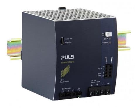 Puls QT40.241 PULS QT40.241 is a power supply unit designed for AC/DC conversion with a 50% power reserve. It supports DIN rail mounting and operates within an ambient air temperature range of -25 to +70°C. This unit features a DC-OK relay contact output and offers rated currents of 40A at 24Vdc and 34.3A at 28Vdc, with a power derating from 24W at +60°C to +70°C. Connection is facilitated through screw-clamp connections. The supply voltage accommodates a wide range of AC inputs from 323Vac to 576Vac, including nominal values of 380Vac, 400Vac, 415Vac, 440Vac, 480Vac, 500Vac, and 525Vac at 47-63Hz, with a 3-phase input. It has a turn-ON voltage of 3 x 305Vac and a shutdown voltage of 3 x 275Vac in steady-state conditions. The QT40.241, part of the Q-series, measures 110mm in width, 124mm in height, and 127mm in depth, and is housed in aluminium. It is designed for a 3-phase network, with a net width of 110mm. The rated power is 960W at both 24Vdc and 28Vdc, with a short-term capacity of 1440W for up to 4 seconds. The output voltage is adjustable between 24Vdc and 28Vdc, with a turn-ON overshoot of 500mV. Protection functions include output overvoltage protection, active input inrush current limiting, and overload/short-circuit protection. It supports series or parallel operation for increased output power and is resistant to back-feeding loads up to 35V. The efficiency rates are 0.952 and 0.953 for 3x480Vac and 3x400Vac inputs, respectively. Peak inrush current consumption is 6A for both 3x400Vac and 3x480Vac inputs. The start-up delay ranges from 500 to 600 seconds, with rise times of 35ms and 40ms under nominal input conditions. The hold time is 25ms for both 3x480Vac and 3x400Vac inputs. Power dissipation losses are 48.4W and 47.3W for 3x480Vac and 3x400Vac inputs, respectively, at full output load. Electrical durability varies with temperature and load conditions, offering up to 322,000 hours of operation at 25°C and 20A output under 3AC 400Vac input. The ripple is 100mVpp across a 20Hz to 20MHz range, with an output stage capacitance of 10200µF.