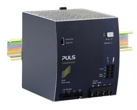 Puls QT40.361 PULS QT40.361 is a power supply unit designed for AC/DC conversion with a 50% power reserve. It features DIN rail mounting and operates within an ambient air temperature range of -25 to +70°C. The unit is equipped with a DC-OK relay contact output and offers a rated current of 26.7A at 36Vdc and 22.9A at 42Vdc, with a power derating of 24W at temperatures from +60°C to +70°C. Connection is facilitated through screw-clamp connections. The supply voltage accommodates a wide range of 323Vac to 576Vac (with nominal values including 380Vac, 400Vac, 415Vac, 440Vac, 480Vac, 500Vac, and 525Vac; 47-63Hz), featuring a 3-phase input, a turn-ON voltage of 3 x 305Vac, and a shutdown voltage of 3 x 275Vac in steady-state conditions. This part of the Q-series measures W110mm x H124mm x D127mm and is housed in aluminium. It is designed for a 3-phase network, with a net width of 110 mm. The rated power is 960W at both 36Vdc and 42Vdc, with a short-term capacity of 1440W for up to 4 seconds. The output voltage is adjustable between 36Vdc and 42Vdc, with a turn-ON overshoot of 750mV. Protection functions include output overvoltage protection, active input inrush current limiter, and overload/short-circuit protection. It supports series or parallel operation for increased output power and is resistant to back-feeding loads up to 50V. The efficiency rates are 0.952 at 3x480Vac input and 0.953 at 3x400Vac input. Peak inrush current consumption is 6A at both 3x400Vac and 3x480Vac inputs. The unit has a start-up delay of 500-600s, with rise times of 40ms and 45ms under specified conditions, and a hold time of 25ms. Power dissipation losses are 48.4W and 47.3W for 3x480Vac and 3x400Vac inputs, respectively, under full output load. Electrical durability spans from 363000 hours to 72000 hours across various conditions, with a ripple of 130mVpp at 20Hz to 20MHz and an output stage capacitance of 4700µF.