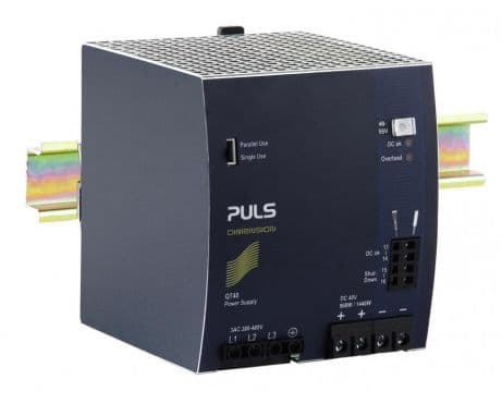 Puls QT40.481 PULS QT40.481 is a power supply unit designed for AC/DC conversion with a 50% power reserve. It supports DIN rail mounting and operates within an ambient air temperature range of -25 to +70°C. This unit features a design that includes a 50% power reserve and a DC-OK relay contact output. It offers a rated current of 20A at 48Vdc and 17.8A at 54Vdc, with a power derating applicable from 24W at +60°C to +70°C. The QT40.481 utilizes screw-clamp connections for its inputs and outputs and is designed to work with a supply voltage (AC) ranging from 323Vac to 576Vac across various nominal voltages, accommodating a wide range of 3-phase inputs. It belongs to the Q-series and is housed in an aluminium casing with dimensions of W110mm x H124mm x D127mm. This unit is compatible with 3-phase networks and has a net width of 110 mm. Its rated power is 960W at both 48Vdc and 54Vdc, with a short-term capacity of 1440W for up to 4 seconds. The output voltage is adjustable between 48Vdc and 54Vdc. Protection features include output overvoltage protection and active input inrush current limiting, with overload and short-circuit protection ensuring operational stability. The QT40.481 supports series or parallel operation for increased output power and is resistant to back-feeding loads up to 63V. It boasts high efficiency rates of 0.952 and 0.954 for 3x480Vac and 3x400Vac inputs, respectively. Peak inrush current consumption is capped at 6A for both 3x400Vac and 3x480Vac inputs. The unit exhibits a start-up delay of 500-600s and rise times of 23ms and 47ms under specified conditions, with a hold time of 25ms. Power dissipation losses are noted at 48.4W and 46.3W for full output loads at 3x480Vac and 3x400Vac inputs, respectively. Its electrical durability spans up to 324000 hours at 25°C and 10A output for a 3AC 400Vac input, with varying durability at different temperatures and outputs. The ripple is specified at 150mVpp across a 20Hz to 20MHz range, and the output stage capacitance is 3700 µF.