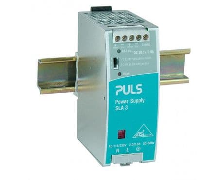 Puls SLA3.100 PULS SLA3.100 is a power supply unit designed with NEC Class 2 and ATEX approval, compliant with EN 61000-3-2 PFC norm, featuring a DC-OK relay contact output. It serves as an AS-Interface power supply unit (PSU) encased in a robust metal housing. This unit offers screw-clamp connections for secure installation and measures W49mm x H124mm x D102mm. It supports a wide range of supply voltages, including AC options from 85Vac to 264Vac and a DC option from 230Vdc to 375Vdc, with a rated current of 2.8A at 30.6Vdc. Designed for DIN rail mounting, it operates within an ambient air temperature range of -10 to +70 °C. The SLA3.100 experiences a peak inrush current consumption of 49.7A at 230Vac input and 44.7A at 120Vac input. It is suitable for single-phase (1AC) or DC networks and includes protection functions such as output overvoltage protection (up to 55Vdc max.), NTC for input inrush current limiting, and overload/short-circuit protection. The output voltage is fixed at 30.6Vdc, with an efficiency of 0.905 at 230Vac input, a hold time of 26ms at 100Vac input, power dissipation/losses of 9.1W at full output load, and a ripple of 50mVpp across 20Hz to 20MHz at 50Ω.