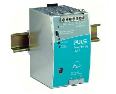 Puls SLA4.100 PULS SLA4.100 is a power supply unit designed with a PFC compliant to EN 61000-3-2 standards, featuring a DC-OK relay contact output. It serves as an AS-Interface power supply unit (PSU) encased in a robust metal housing. This unit offers screw-clamp connections for secure installation and measures W73mm x H124mm x D102mm. It supports a wide range of supply voltages, including AC inputs from 85Vac-132Vac / 187Vac-264Vac across various nominal values and a DC input range of 240Vdc-300Vdc, with a rated current of 4A at 30.5Vdc. Designed for DIN rail mounting, it operates efficiently within an ambient air temperature range of -10...+70 °C. The SLA4.100 experiences a peak inrush current consumption of 49.7A at 230Vac input and 44.7A at 120Vac input, suitable for single-phase (1AC) or DC networks. It incorporates multiple protection functions, including output overvoltage protection up to 55Vdc max., NTC for input inrush current limiting, and overload/short-circuit protection with a current range of min. 4.2A to max. 6.5A, though it does not support series or parallel operation or ground-fault monitoring. The output voltage is fixed at 30.5Vdc, with an efficiency of 0.9 at 230Vac input, a hold time of 30ms at 100Vac input, power dissipation/losses at 13.5 W under full output load at 230Vac input, and a ripple of 50mVpp across 20Hz to 20MHz at 50Ω.