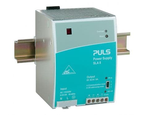 Puls SLA8.100 PULS SLA8.100 is a power supply unit designed with a DC-OK relay contact output and functions as an AS-Interface PSU. It is encased in a robust metal housing and utilizes screw-clamp connections for secure installation. The dimensions of this unit are W91mm x H124mm x D102mm. It supports a wide range of supply voltages, including AC inputs from 85Vac to 132Vac and 187Vac to 264Vac, as well as DC inputs from 230Vdc to 375Vdc, with manual selection available for specific nominal voltages. The rated current is 8A at 30.6Vdc, with a derating at 6W/+60°C to +70°C. Designed for DIN rail mounting, it operates efficiently within an ambient air temperature range of -10 to +70 °C. The SLA8.100 experiences a peak inrush current consumption of 27A at 240Vac input and 14A at 120Vac input. It is compatible with single-phase (1AC) or DC networks and incorporates protection functions against output overvoltage (up to 55Vdc max.), with an active input inrush current limiter and overload/short-circuit protection ranging from min. 12A to max. 25A. However, series or parallel operation is not supported. The output voltage is fixed at 30.6Vdc, with an efficiency of 0.92 at 230Vac input. The hold time is 10ms at 100Vac input, with power dissipation/losses at 21.2W under full output load at 230Vac input. Ripple is maintained at 50mVpp across a frequency range of 20Hz to 20MHz at 50Ω.