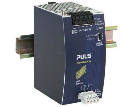 Puls UF20.241 PULS UF20.241 is an Uninterruptible Power Supply (UPS) control module, part of the UF-series, designed as a buffer module with capacitor storage featuring a green status LED. This product is housed in aluminum and utilizes spring-clamp connections for secure installation. It measures W64mm x H124mm x D102mm and is designed for DIN rail mounting. The UF20.241 operates with a supply voltage range of 19.2Vdc to 30Vdc, with a nominal voltage of 24Vdc, and supports a rated current of 20A before fusing. It is engineered to function within an ambient air temperature range of -25 to +70°C and is suitable for DC networks. The module includes a visual position indicator for Ready, Buffering, and Inhibit statuses. It offers protection functions including output overvoltage protection, with typical protection at 32Vdc and a maximum of 35Vdc. The UF20.241 allows for parallel connection of buffer modules to enhance output ampacity or hold-up time. It delivers a fixed output voltage of 24Vdc, boasts an efficiency of 0.99 with a 24Vdc input, and provides a hold time of 31ms / 0.31s at a 20A load. Power dissipation is calculated at 1.9 W for a 24Vdc input at 20A output current, with a ripple of 200mVpp across a frequency range of 20Hz to 20MHz at 50Ω. Its electrical durability is rated at 166,000 hours in standby mode at 40°C and 469,000 hours at 25°C.