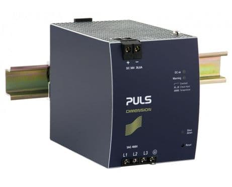 Puls XT40.361 PULS XT40.361 is a power supply unit part of the X-series, designed to function as an AC/DC PSU/converter with a semi-regulated 25% power reserve and a DC-OK relay contact output. It operates with a supply voltage of 3x360-440Vac (380Vac / 400Vac / 415Vac nominal; 47-63Hz), a turn-ON voltage of 3 x 325Vac, and a shutdown voltage of 3 x 295Vac. The unit is housed in an aluminium casing, measures W96mm x H124mm x D159mm, and features screw-clamp connections for installation. It is designed for DIN rail mounting in a 3-phase (3AC) network environment. The XT40.361 operates efficiently within an ambient air temperature range of -25 to +70°C, has a net width of 96 mm, and a peak inrush current consumption of 4A (at 3x400Vac input). It offers a rated current of 26.6A (at 36Vdc), with a rated power of 960W (at 36 Vdc) and 1200W for a typical 15s, adjusting to 24W/+60°C...+70°C (derating). Protection features include output overvoltage protection (42.5Vdc max.), active input inrush current limiter, and overload/short-circuit current protection—typically 115A at load impedance. The unit is not designed for series or parallel operation to increase output power but supports 1+1 redundancy for higher system availability. It can handle back-feeding loads up to 41.1V without malfunctioning. The XT40.361 boasts an efficiency of 0.955 (with 3x400Vac input), a 400ms start-up delay, and a rise time of 40ms (nominal input; constant full current load; 0mF load capacitance) to 70ms (nominal input; constant full current load; 27mF load capacitance). The fixed output voltage is 36Vdc with a 700mV turn-ON overshoot, and it offers a hold time of 2.6ms (buffer time at 3x400Vdc input). Power dissipation/losses are calculated at 45.2 W (3x400Vdc input; full output load), and the electrical durability is rated at 55000 hours (at 40°C; 26.6A output; 3AC 400Vdc input) to 156000 hours (at 25°C; 26.6A output; 3AC 400Vdc input). The output stage capacitance is 11100 µF, with a ripple of 2000mVpp (20Hz...2KHz; 50Ω).