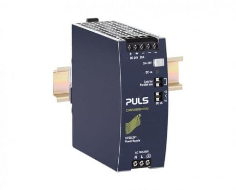 Puls CP20.241 PULS CP20.241 is a DIN rail mounting power supply unit with an aluminium housing. It operates within an ambient air temperature range of -25 to +70°C and has a net width of 48 mm. The unit features a current consumption of 5.5A peak max. inrush at 230Vac input and 12A peak max. inrush at 120Vac input. Its efficiency rates are 0.956 at 230Vac input, 0.942 at 120Vac input, and 0.936 at 100Vac input. The dimensions of the CP20.241 are W48mm x H124mm x D127mm. It has a 450ms start-up delay for 100-230Vac input, with rise times of 145ms and 160ms under nominal input conditions with 0mF and 20mF load capacitance, respectively. Protection functions include output overvoltage protection and overload/short-circuit protection, with the capability for series or parallel operation for increased output voltages or power. The unit is resistant to back-feeding loads up to 35V. Power dissipation/losses are 22.1 W at 230Vac input and 29.6 W at 120Vac input, with an output stage capacitance of 8500 µF. Electrical durability varies with conditions, offering up to 488000 hours of operation. The ripple is 50mVpp (20Hz...20MHz; 50Ω). This AC/DC power supply unit is part of the CP-series, designed with ATEX approval and a 20% power reserve, featuring a DC-OK relay contact output and screw-clamp connections. It supports a supply voltage range of 88Vdc-180Vdc and 85Vac-264Vac, with a rated current of 20A at 24Vdc, and provides a rated power of 480W. The output voltage is adjustable between 24Vdc and 28Vdc, with a 500mV turn-ON overshoot and a hold time of 32ms at 120/230Vac input.